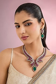 White Finish Zircon & Ruby Stone Choker Necklace Set