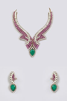 White Finish Zircon & Ruby Stone Choker Necklace Set