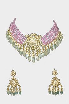 Gold Plated Kundan Polki & Pearls Necklace Set