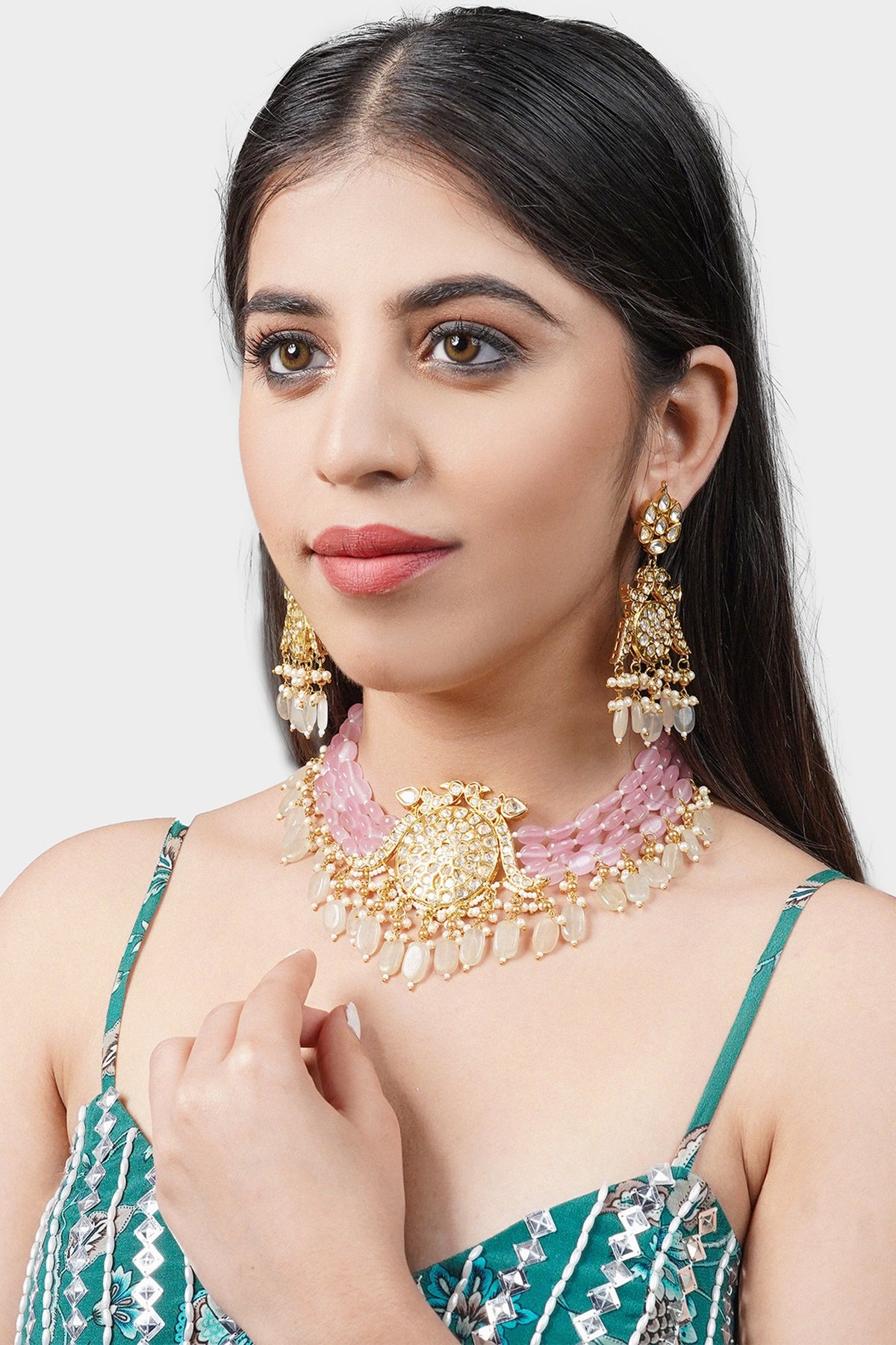 Gold Plated Kundan Polki & Pearls Necklace Set