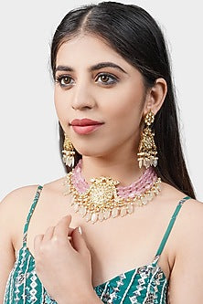 Gold Plated Kundan Polki & Pearls Necklace Set