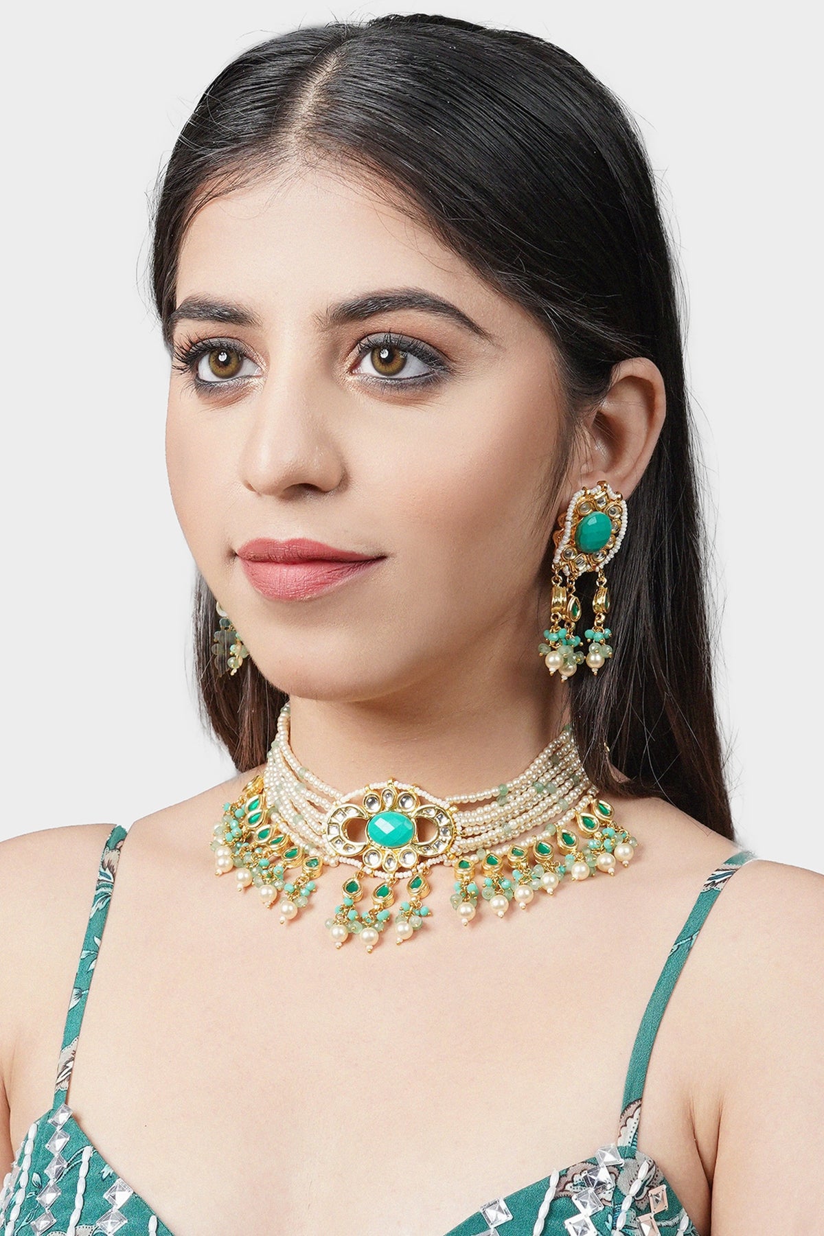 Gold Plated Necklace Set With Kundan Polki