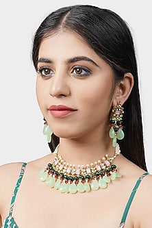 Gold Plated Kundan Polki Necklace Set In Alloy