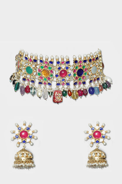 Gold Plated Necklace Set With Navratan Stones