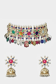 Gold Plated Necklace Set With Navratan Stones