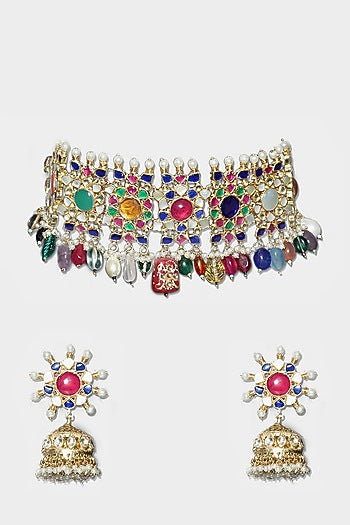 Gold Plated Necklace Set With Navratan Stones