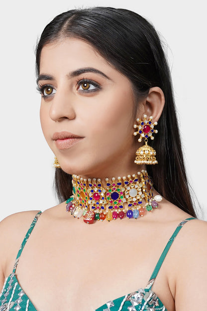 Gold Plated Necklace Set With Navratan Stones