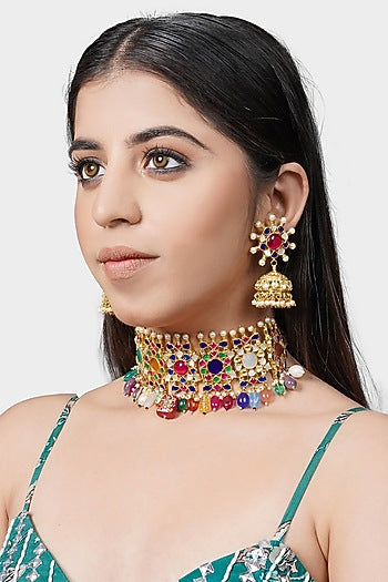 Gold Plated Necklace Set With Navratan Stones