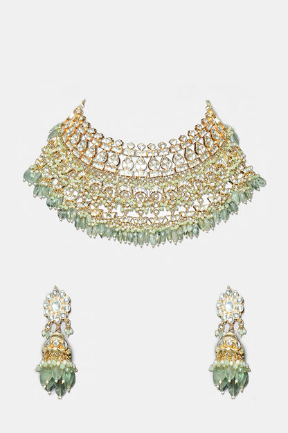 Gold Plated Necklace Set With Green Beads