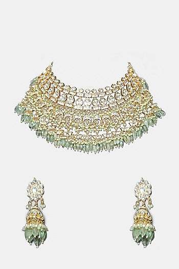 Gold Plated Necklace Set With Green Beads