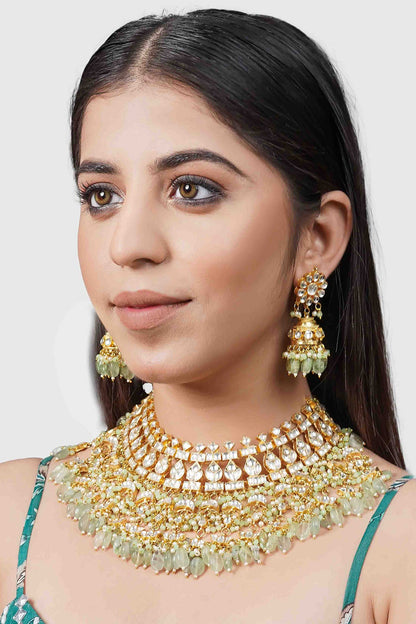 Gold Plated Necklace Set With Green Beads