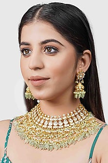 Gold Plated Necklace Set With Green Beads