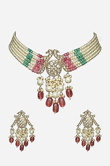 Gold Plated Necklace Set With Red Beads