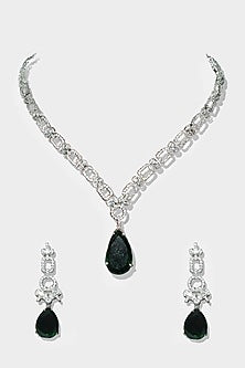White Rhodium Finish Diamond Necklace Set