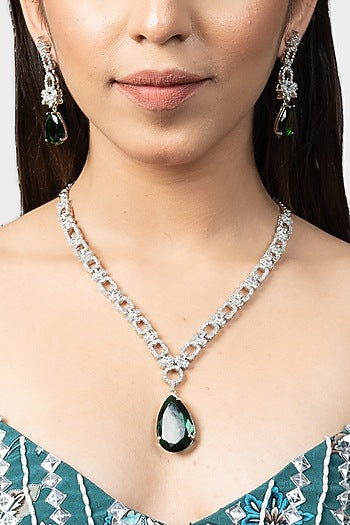 White Rhodium Finish Diamond Necklace Set