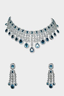 White Finish Blue Diamond Necklace Set