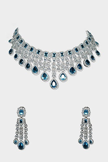 White Finish Blue Diamond Necklace Set