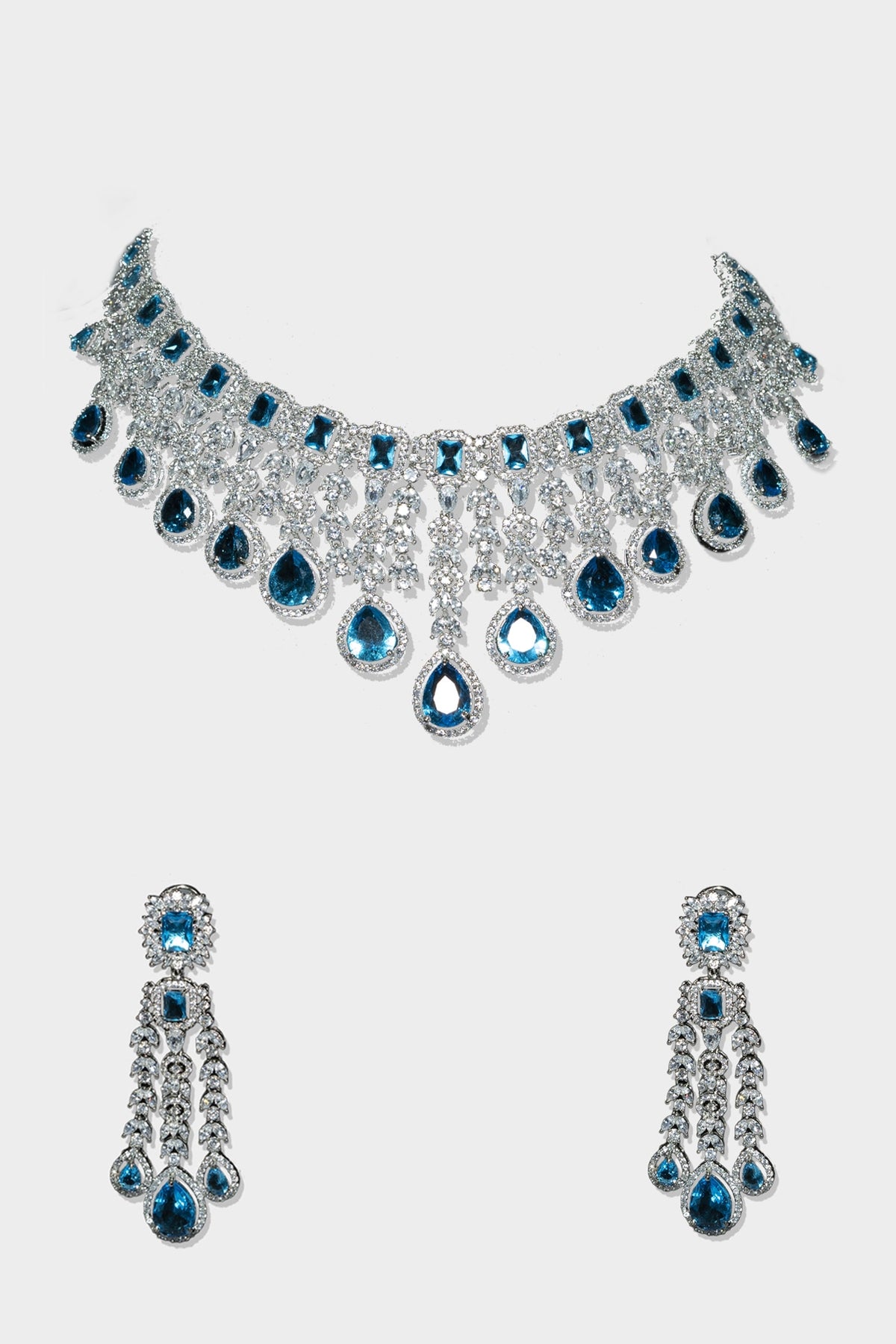 White Finish Blue Diamond Necklace Set