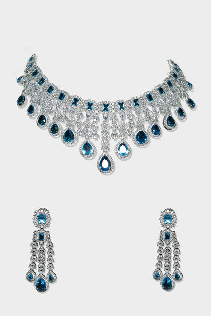 White Finish Blue Diamond Necklace Set