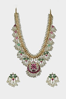 Gold Finish Multi-Colored Kundan Polki Long Necklace Set