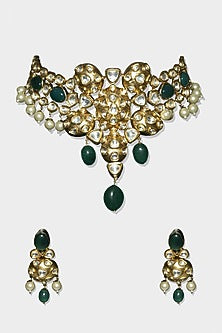 Gold Finish Green Kundan Polki Choker Necklace Set