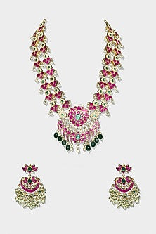 Gold Finish Red Kundan Polki Long Necklace Set