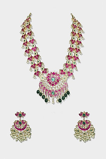 Gold Finish Red Kundan Polki Long Necklace Set
