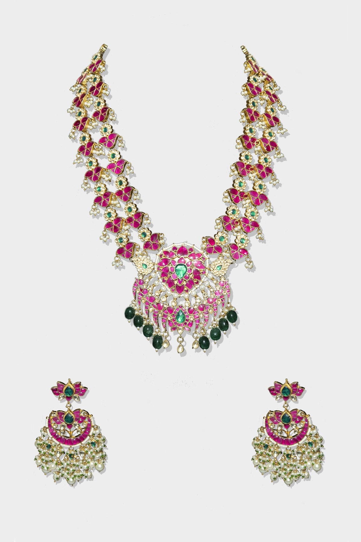 Gold Finish Red Kundan Polki Long Necklace Set
