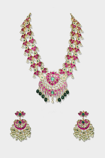 Gold Finish Red Kundan Polki Long Necklace Set