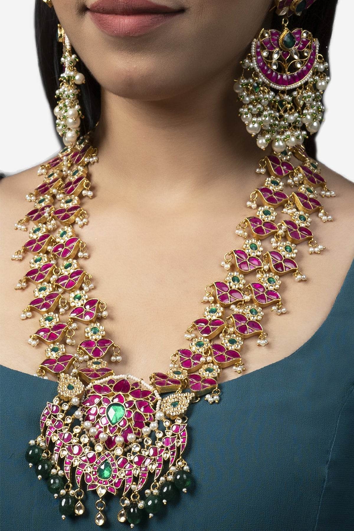 Gold Finish Red Kundan Polki Long Necklace Set