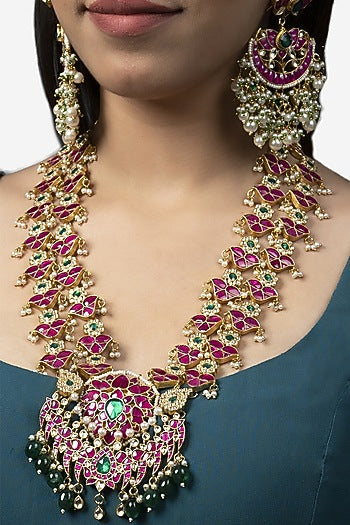 Gold Finish Red Kundan Polki Long Necklace Set