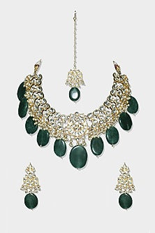 Gold Finish Choker Necklace Set With Green Kundan Polki