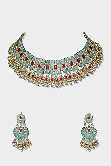 Gold Finish Turquoise Kundan Polki Necklace Set