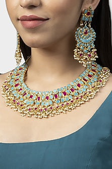 Gold Finish Turquoise Kundan Polki Necklace Set