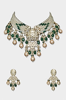 Gold Finish Green Kundan Polki Choker Necklace Set