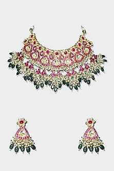 Gold Finish Pink & Green Kundan Polki Choker Necklace Set
