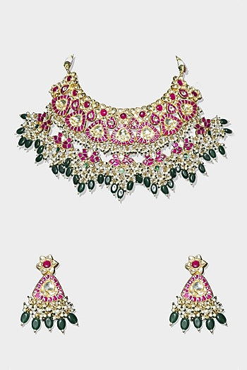 Gold Finish Pink & Green Kundan Polki Choker Necklace Set