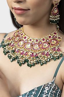 Gold Finish Pink & Green Kundan Polki Choker Necklace Set