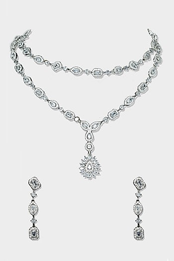 White Finish Diamond Layered Necklace Set