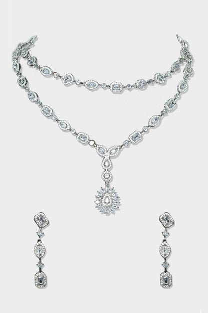 White Finish Diamond Layered Necklace Set