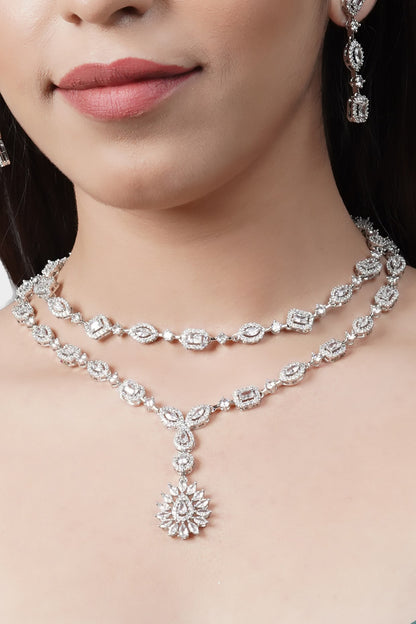 White Finish Diamond Layered Necklace Set