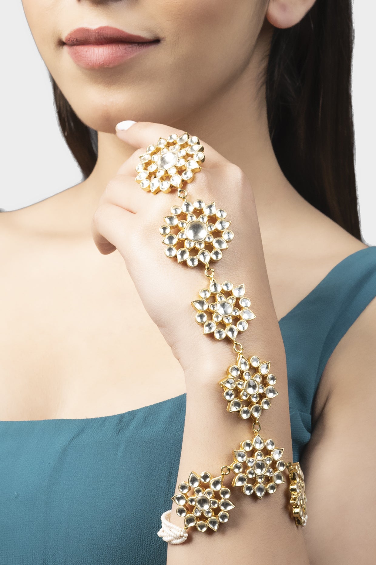 Gold Finish Kundan Polki Haathphool (Set of 2)