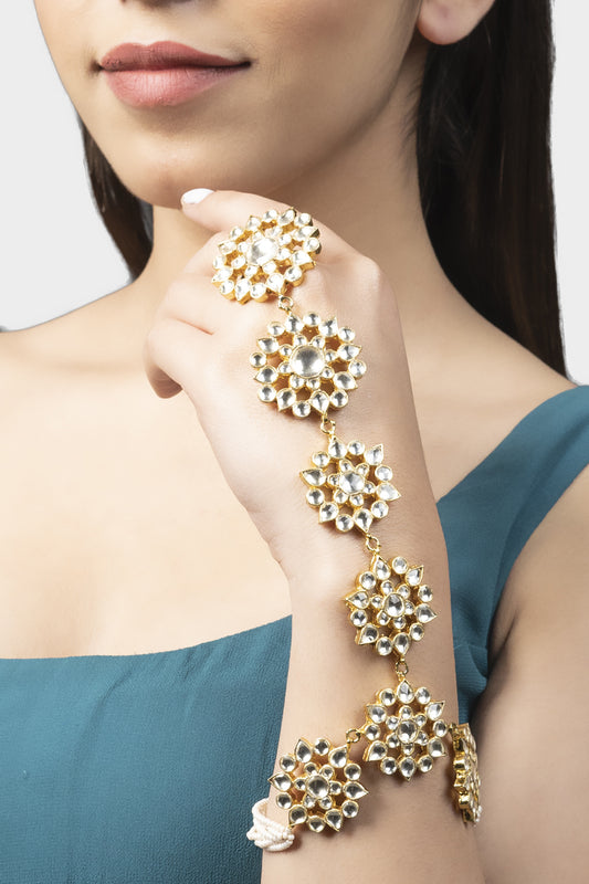 Gold Finish Kundan Polki Haathphool (Set of 2)