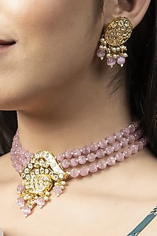 Gold Finish Purple Kundan Polki Necklace Set