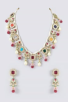 Gold Plated Kundan Polki & Navaratna Stones Handcrafted Long Necklace Set