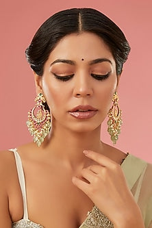 Gold Finish Kundan Polki & Red Carved Stone Chandbali Earrings