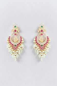 Gold Finish Kundan Polki & Red Carved Stone Chandbali Earrings