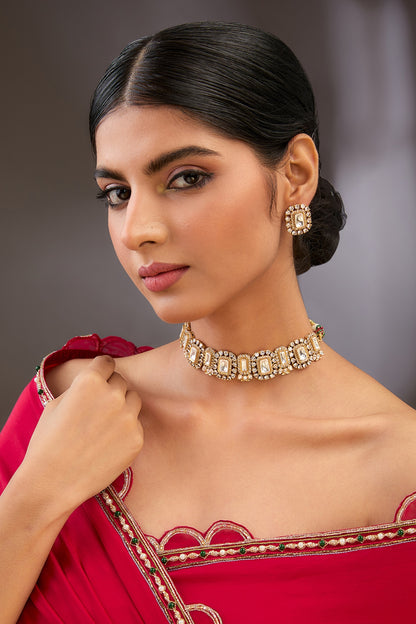 Gold Finish Kundan Polki & Beaded Choker Necklace Set