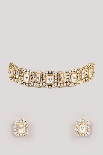 Gold Finish Kundan Polki & Beaded Choker Necklace Set