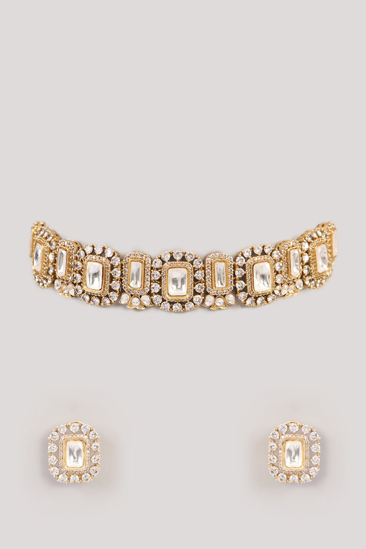 Gold Finish Kundan Polki & Beaded Choker Necklace Set